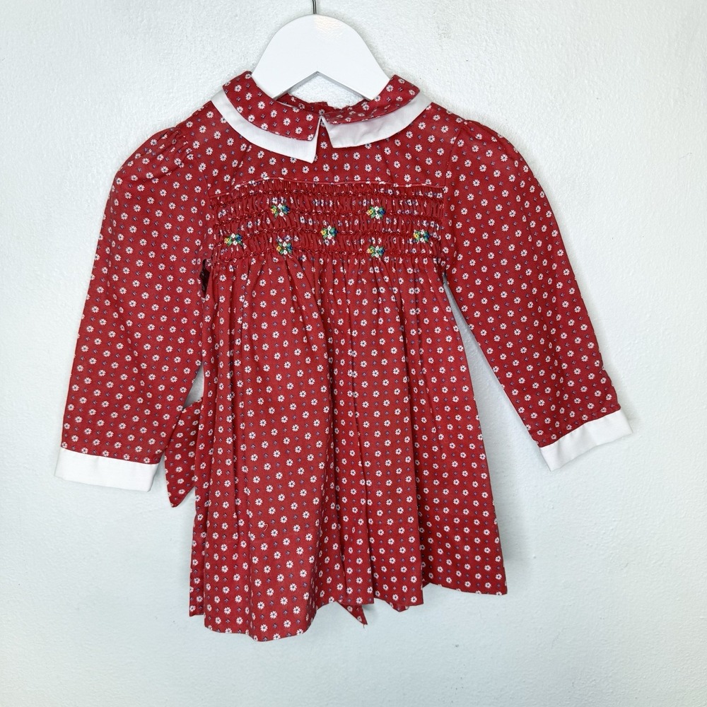 Polly Flinders Smocked Dress Red White Floral Girls 3T Holiday Cottagecore‎